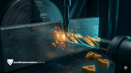 Macrofotografia de uma broca de centro inteiriça de metal duro tocando a face de uma peça de aço em um Torno CNC, criando o ângulo para o contraponto