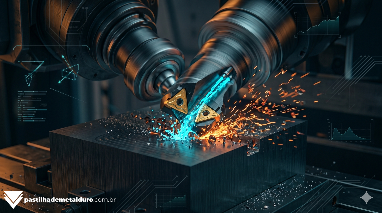 Broca U de corpo metálico escuro com pastilhas de carboneto de tungstênio perfurando um bloco de aço maciço em alta velocidade no CNC.