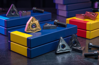 Close-up cinematográfico de pastilhas de metal duro sobre caixas com o padrão de cores ISO: Azul (P), Amarelo (M) e Vermelho (K).