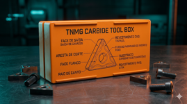 Close-up técnico de uma caixa de pastilhas de metal duro com etiquetas de codificação ISO visíveis.