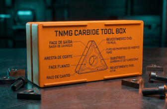 Close-up técnico de uma caixa de pastilhas de metal duro com etiquetas de codificação ISO visíveis.