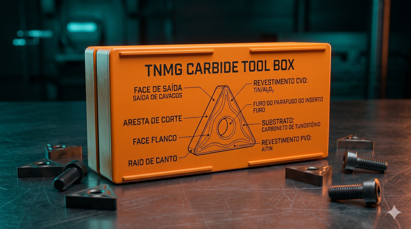 Close-up técnico de uma caixa de pastilhas de metal duro com etiquetas de codificação ISO visíveis.