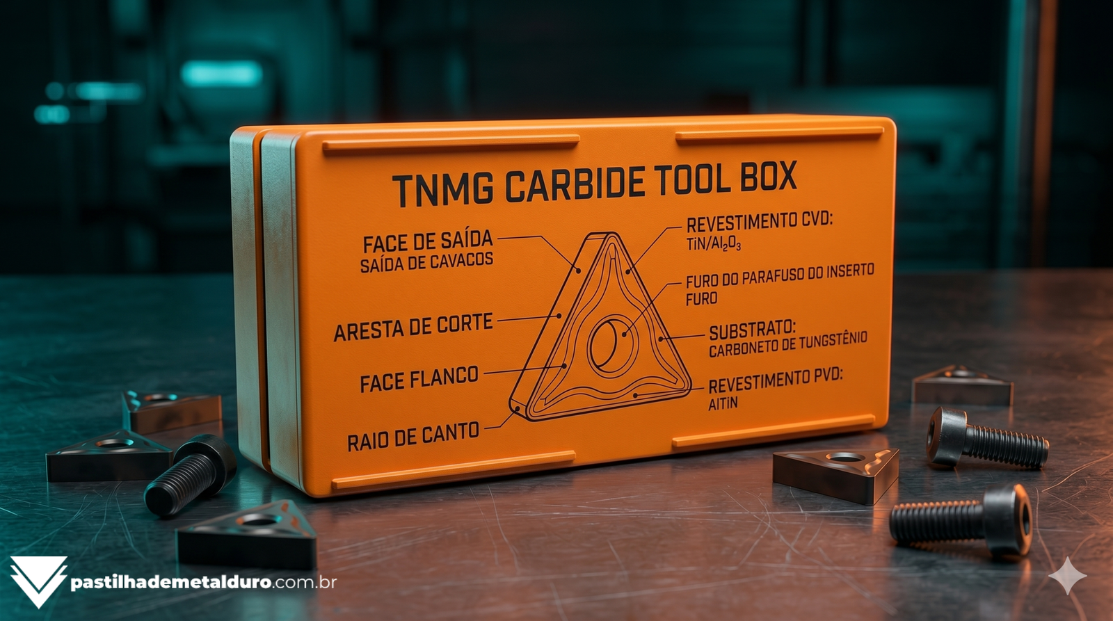 Close-up técnico de uma caixa de pastilhas de metal duro com etiquetas de codificação ISO visíveis.