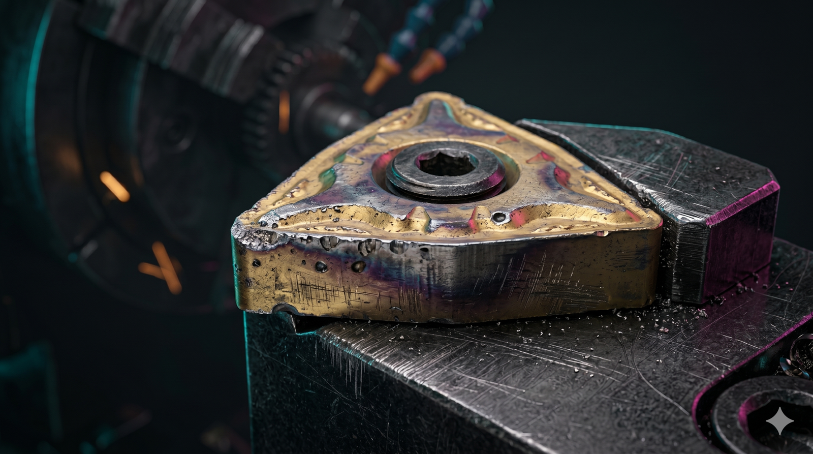 Fotografia macro mostrando uma pastilha de metal duro usada com sinais evidentes de desgaste de flanco e craterização.