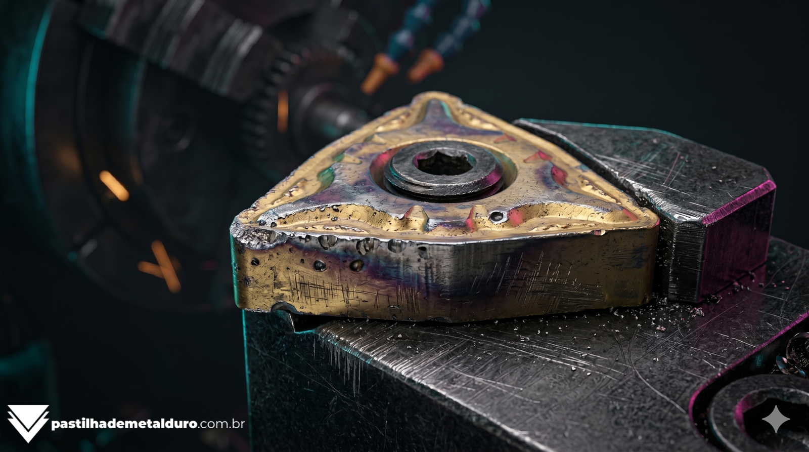 Fotografia macro mostrando uma pastilha de metal duro usada com sinais evidentes de desgaste de flanco e craterização.