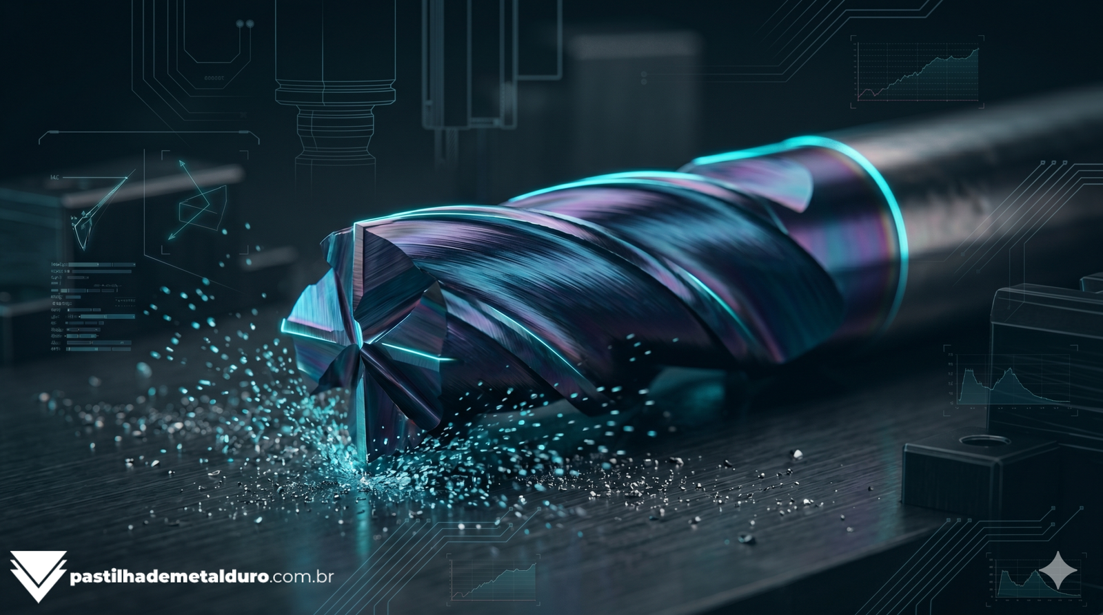 Close-up cinematográfico de uma fresa de topo inteiriça de metal duro com 4 cortes e cobertura AlTiN brilhante.