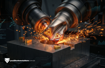 Cabeçote de faceamento em alta rotação com pastilhas de carboneto de tungstênio desbastando um bloco de aço a seco.