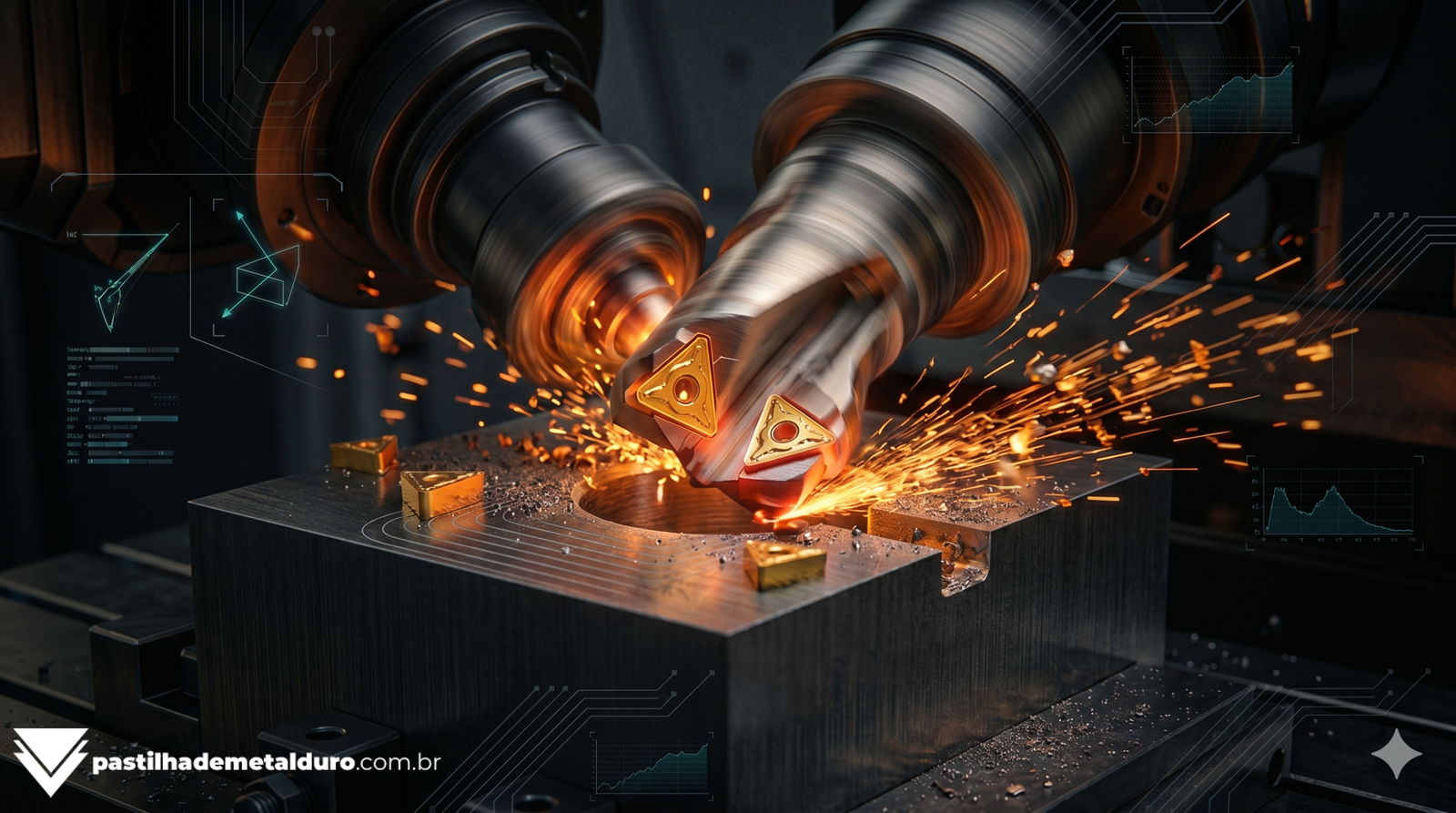 Cabeçote de faceamento em alta rotação com pastilhas de carboneto de tungstênio desbastando um bloco de aço a seco.