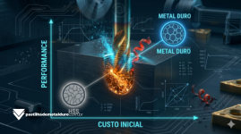 Uma fresa de rosca inteiriça de metal duro realizando uma interpolação helicoidal no interior de um furo em um bloco de aço, esculpindo os filetes da rosca.