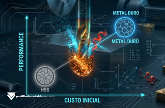 Uma fresa de rosca inteiriça de metal duro realizando uma interpolação helicoidal no interior de um furo em um bloco de aço, esculpindo os filetes da rosca.