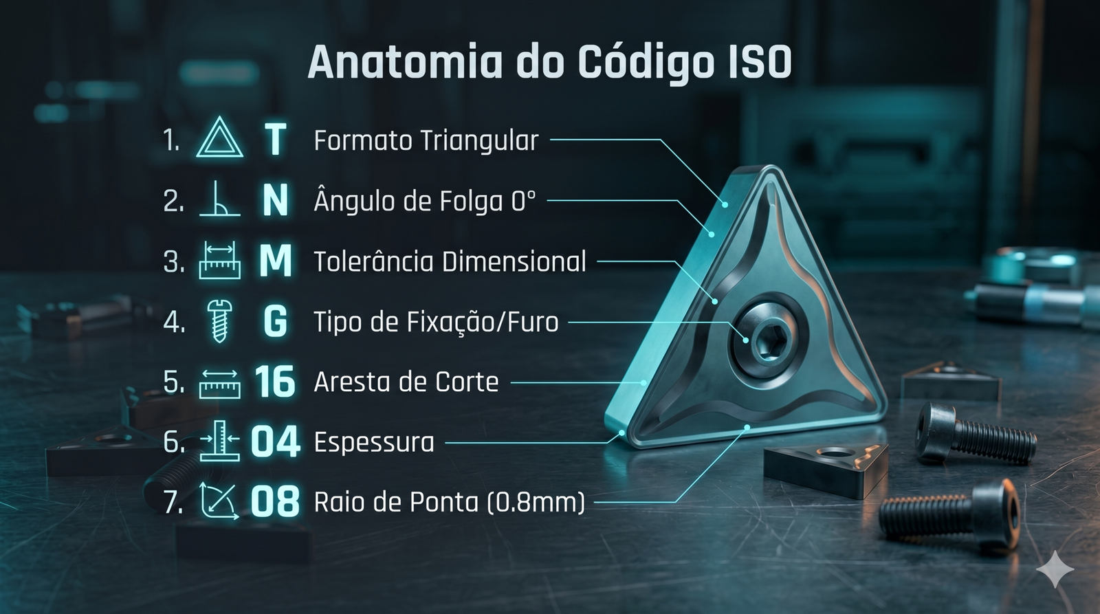 Infográfico técnico explicando os 7 dígitos da codificação ISO para pastilhas de metal duro TNMG