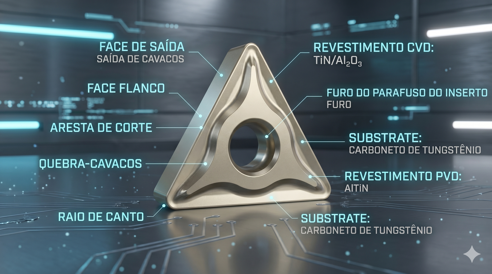 Infográfico detalhado explicando letra por letra o código ISO de uma pastilha de metal duro.