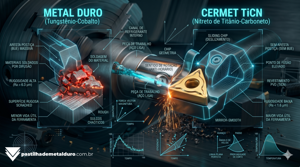 Infográfico técnico explicando a resistência química do Cermet (TiCN), que impede a formação da aresta postiça de corte presente no carboneto de tungstênio padrão.