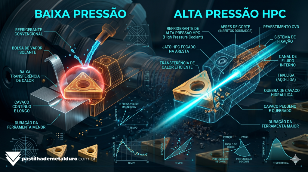 Infográfico técnico explicando a diferença termodinâmica entre a refrigeração de inundação convencional (bloqueada por vapor) e a eficácia da alta pressão (HPC) na zona de corte.
