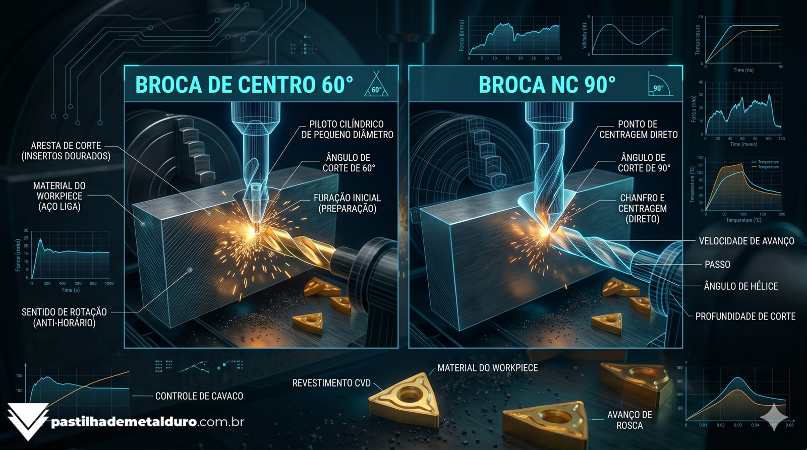 Infográfico de engenharia comparando os perfis de corte transversal das brocas de centro DIN 333: Forma A (Cone Simples), Forma B (Duplo Ângulo) e Forma R (Raio).