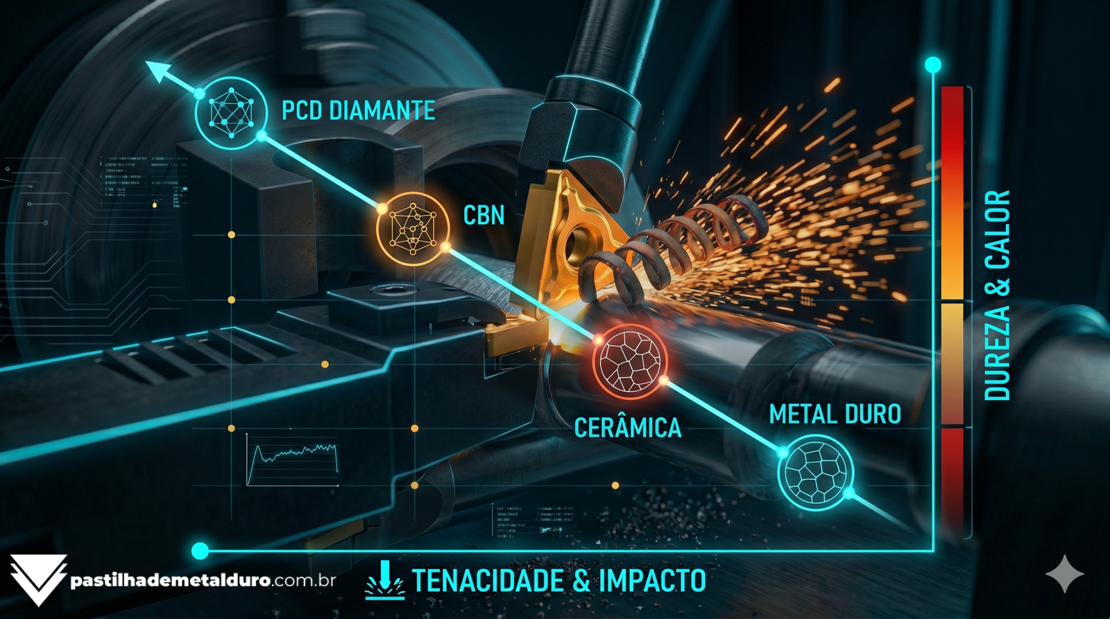 Gráfico técnico mostrando a relação inversa entre a dureza e a resistência a impacto (tenacidade) de ferramentas de metal duro, cerâmica, CBN e PCD.