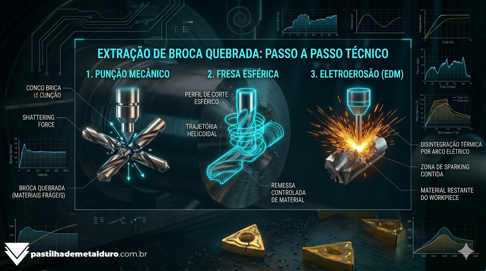 Fluxograma técnico demonstrando três caminhos para retirar ferramentas encravadas: Punção Mecânico, Fresa Esférica de Metal Duro e Eletroerosão por Penetração (EDM).