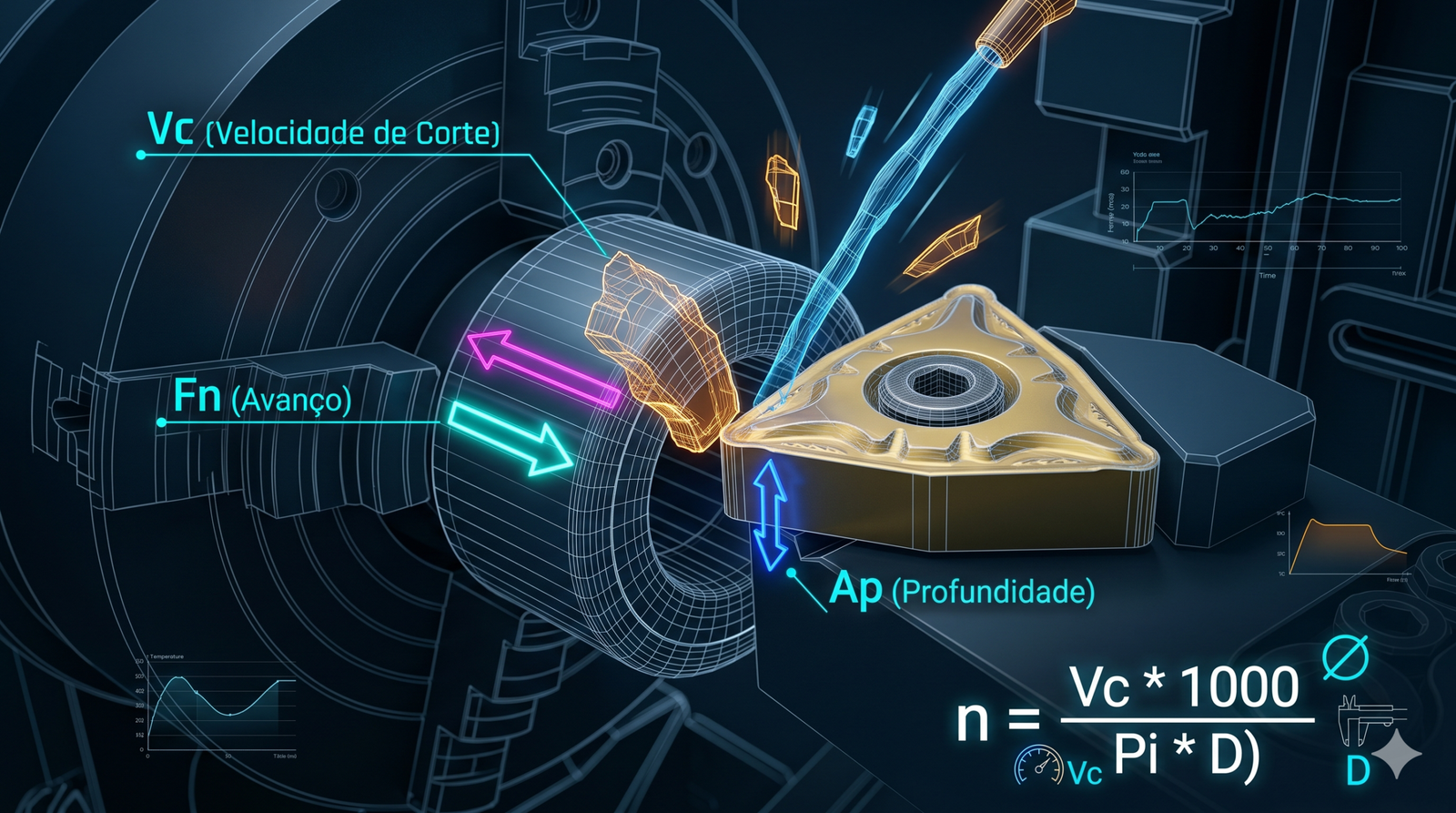 Infográfico técnico explicando o que são Vc (Velocidade de Corte), Fn (Avanço) e Ap (Profundidade de Corte) com a fórmula matemática para encontrar o RPM.