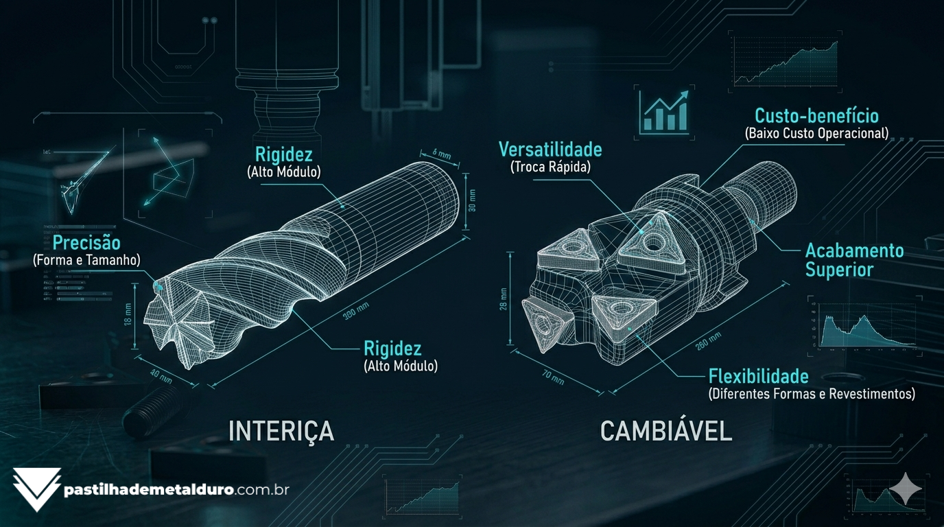 Infográfico comparativo mostrando as vantagens de uso da fresa inteiriça para precisão e da fresa cambiável para produtividade.