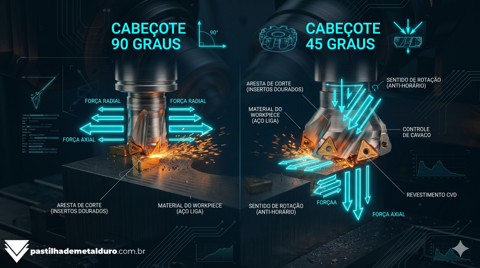 Infográfico técnico explicando a diferença de forças radiais e axiais entre cabeçotes de fresamento de 90 graus e 45 graus.