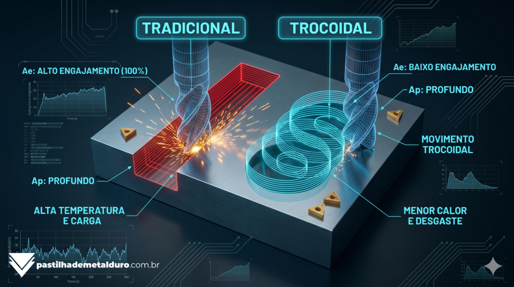 Infográfico técnico ilustrando a diferença de engajamento da ferramenta entre a usinagem tradicional linear e as espirais da usinagem trocoidal.