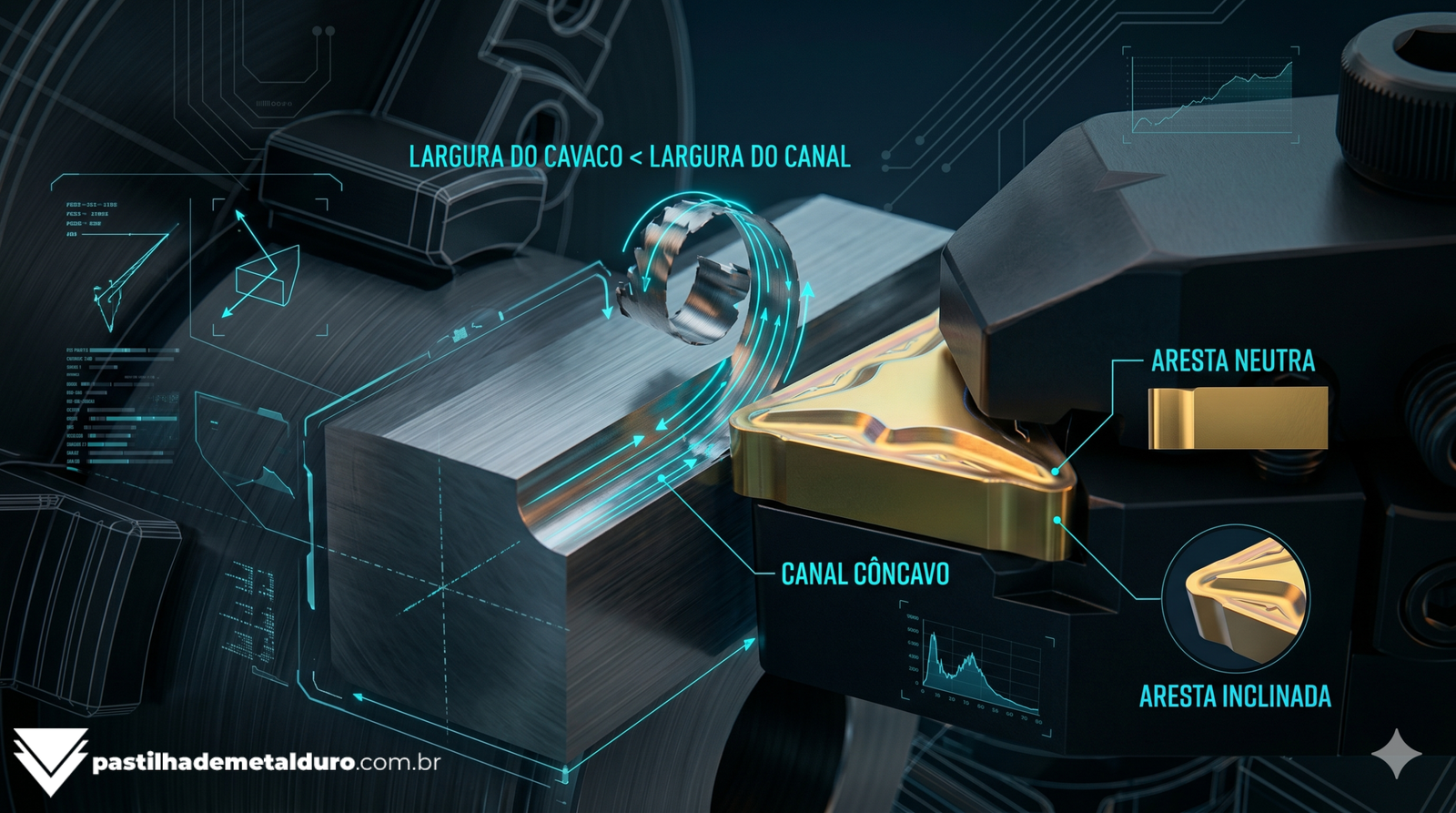 Infográfico técnico demonstrando como a geometria côncava de uma pastilha de canal comprime o cavaco para que ele não trave nas paredes da peça.