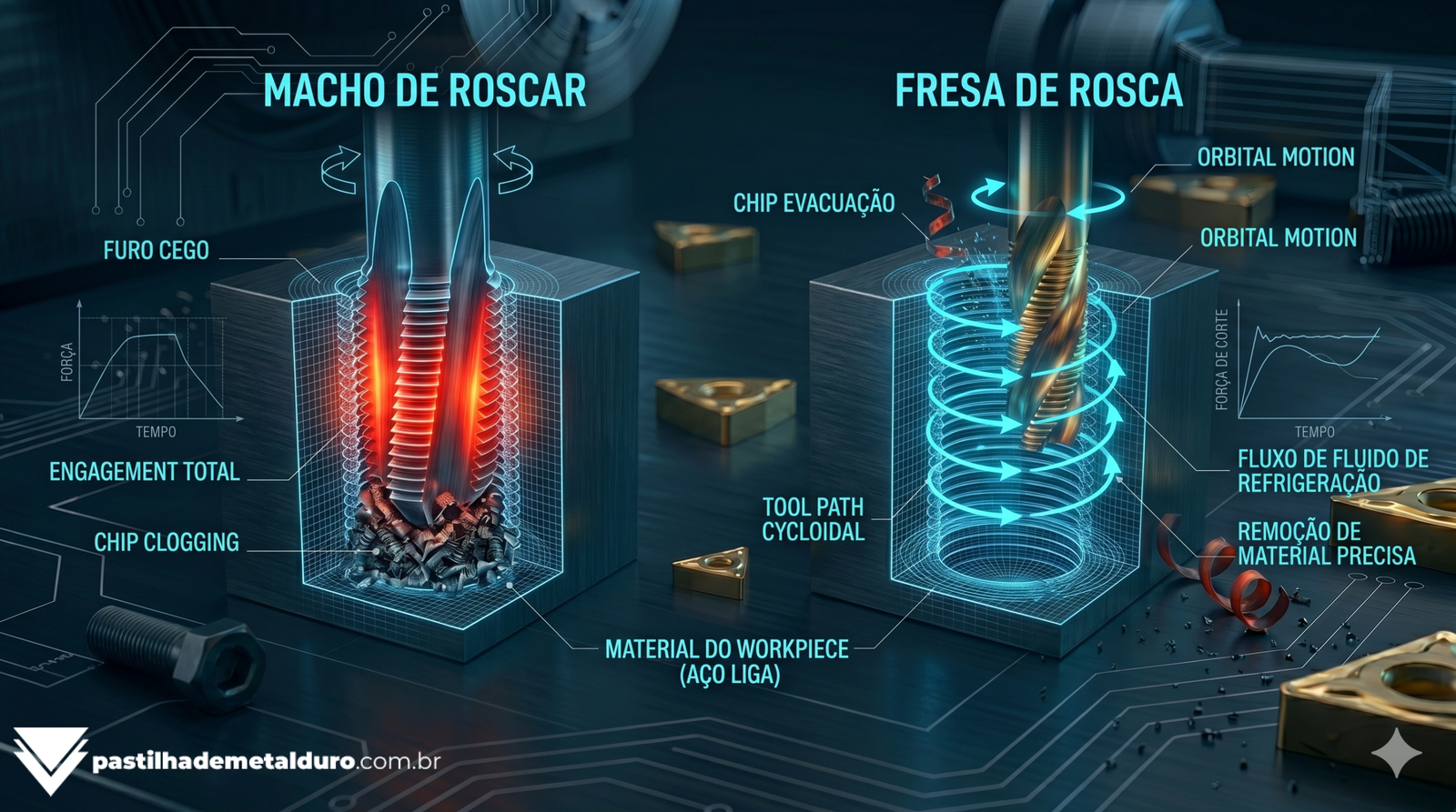 Infográfico técnico de engenharia comparando visualmente a dinâmica de um macho de roscar preso dentro do furo contra a fresa de rosca que possui folga para extração de cavacos.
