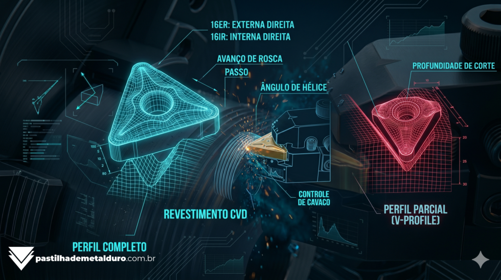 Infográfico técnico explicando a diferença de aplicação entre pastilhas de rosqueamento de perfil completo e de perfil parcial (em V).