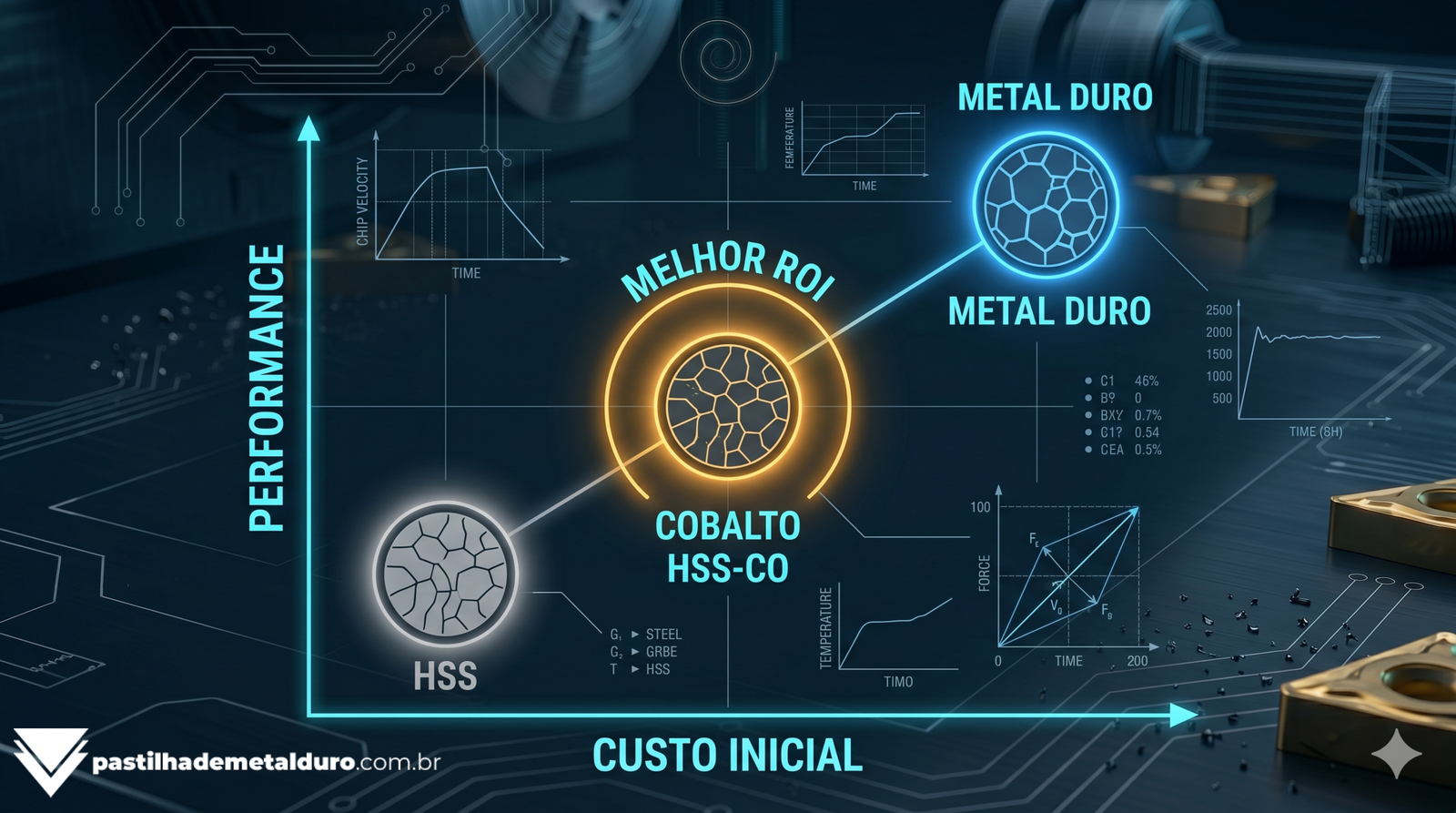 Infográfico técnico demonstrando um gráfico de dispersão onde o HSS-Co (Cobalto) representa o melhor custo-benefício (ponto doce) entre o HSS comum e o Metal Duro.