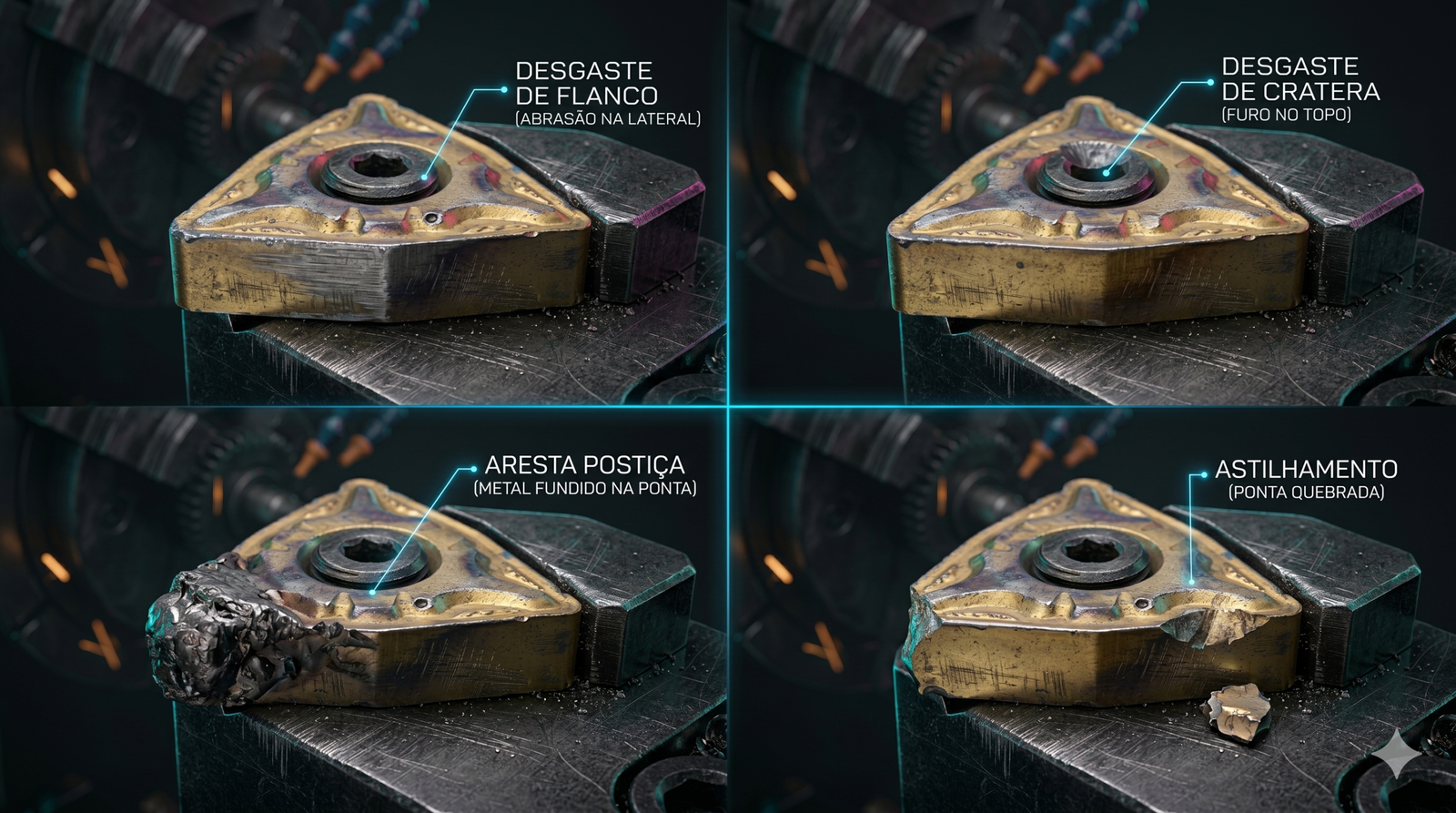 Infográfico técnico ilustrando quatro tipos de falhas em pastilhas: Desgaste de Flanco, Craterização, Aresta Postiça e Lascamento.