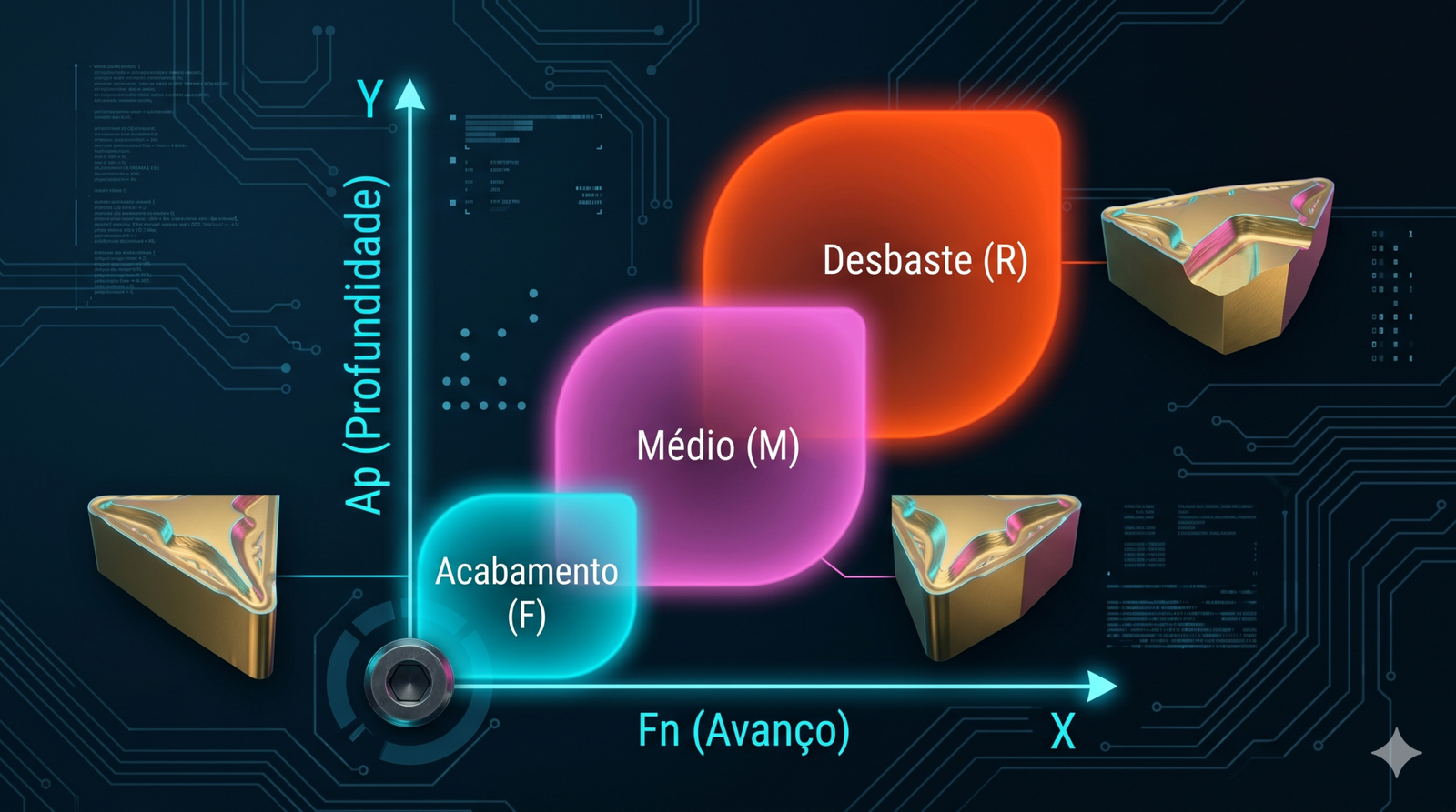 Infográfico técnico com um gráfico demonstrando as zonas ideais de profundidade de corte (Ap) e avanço (Fn) para pastilhas de desbaste, médias e acabamento.