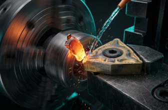 Pastilha de metal duro removendo grande quantidade de cavaco de aço incandescente em um torno CNC de alta velocidade.