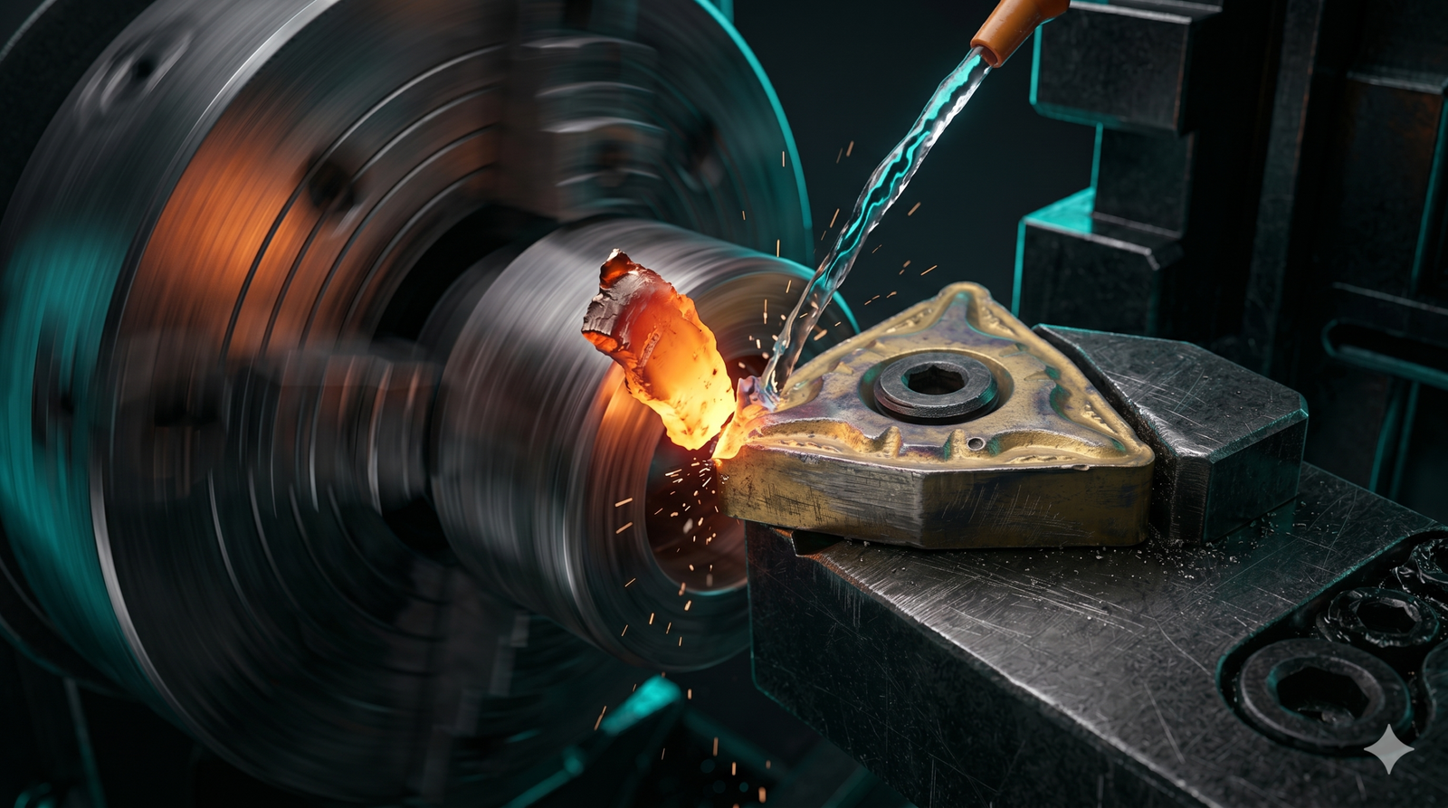 Pastilha de metal duro removendo grande quantidade de cavaco de aço incandescente em um torno CNC de alta velocidade.