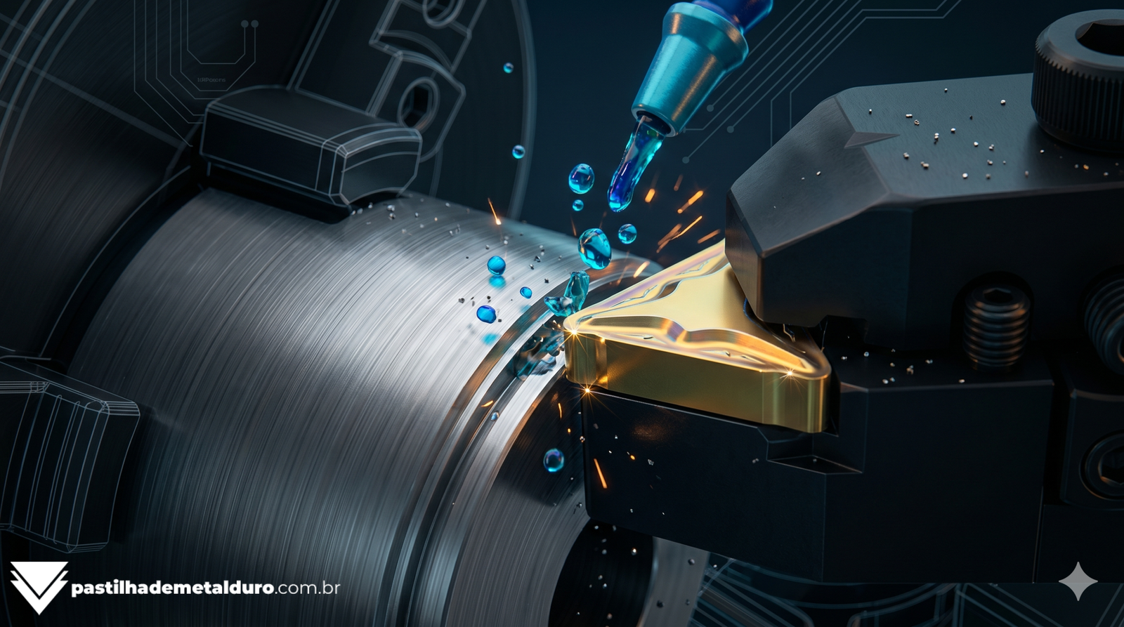 Pastilha de bedame de metal duro realizando uma operação profunda de corte e canal em uma barra de aço brilhante no torno CNC.