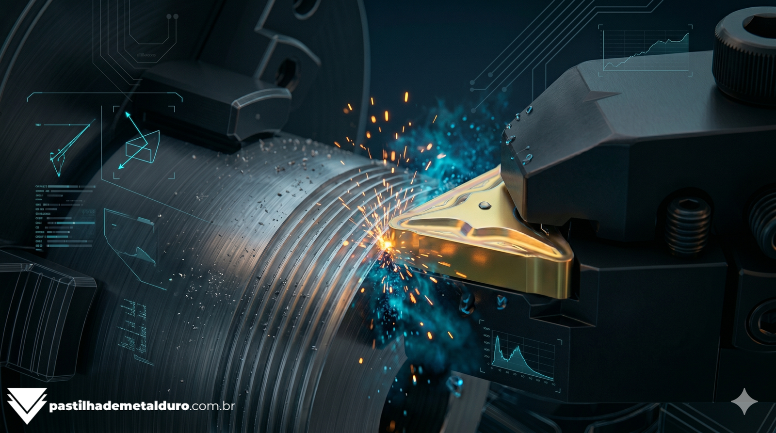 Pastilha de rosqueamento 16ER de carboneto de tungstênio cortando uma rosca externa em um cilindro de aço brilhante no torno CNC.