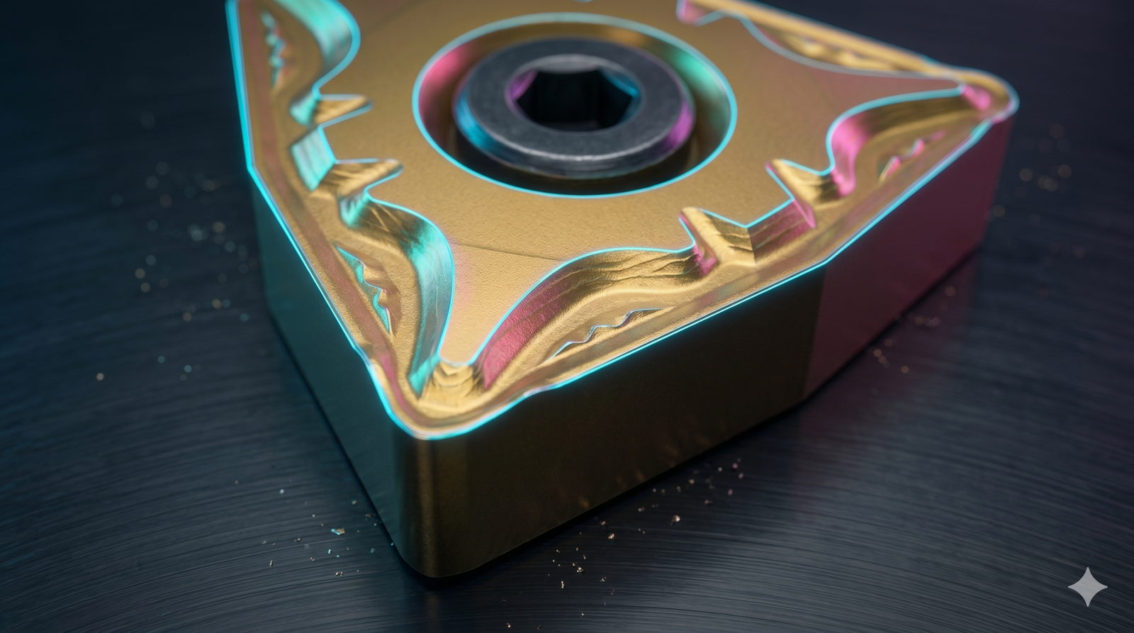 Fotografia macro da face de uma pastilha de metal duro, destacando as ondulações e o desenho 3D do seu quebra-cavacos.