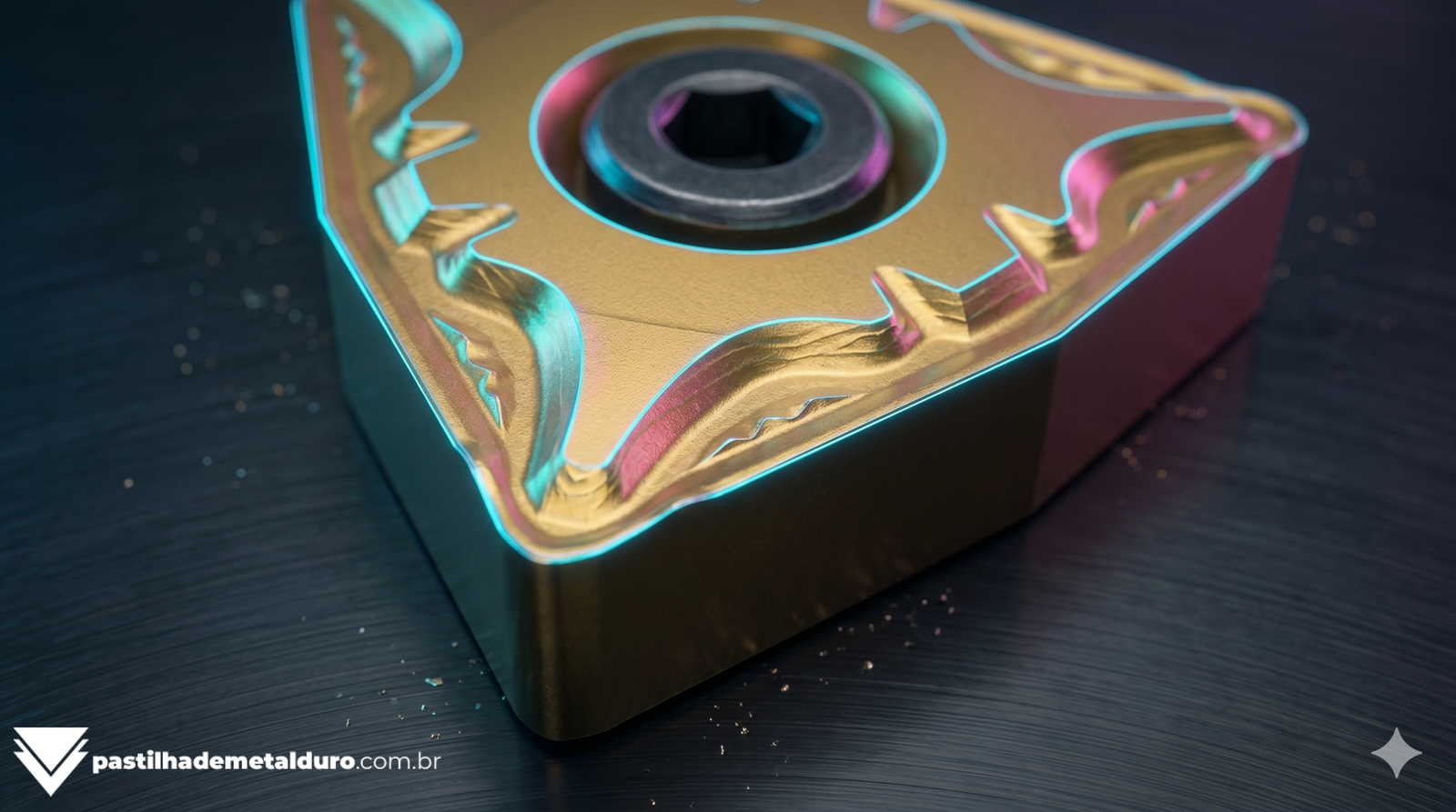 Fotografia macro da face de uma pastilha de metal duro, destacando as ondulações e o desenho 3D do seu quebra-cavacos.