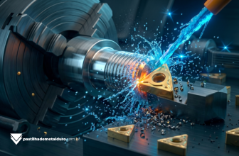 Jato intenso de fluido de corte de alta pressão saindo de uma ferramenta de metal duro e atingindo a zona de usinagem em um bloco metálico giratório no torno CNC.