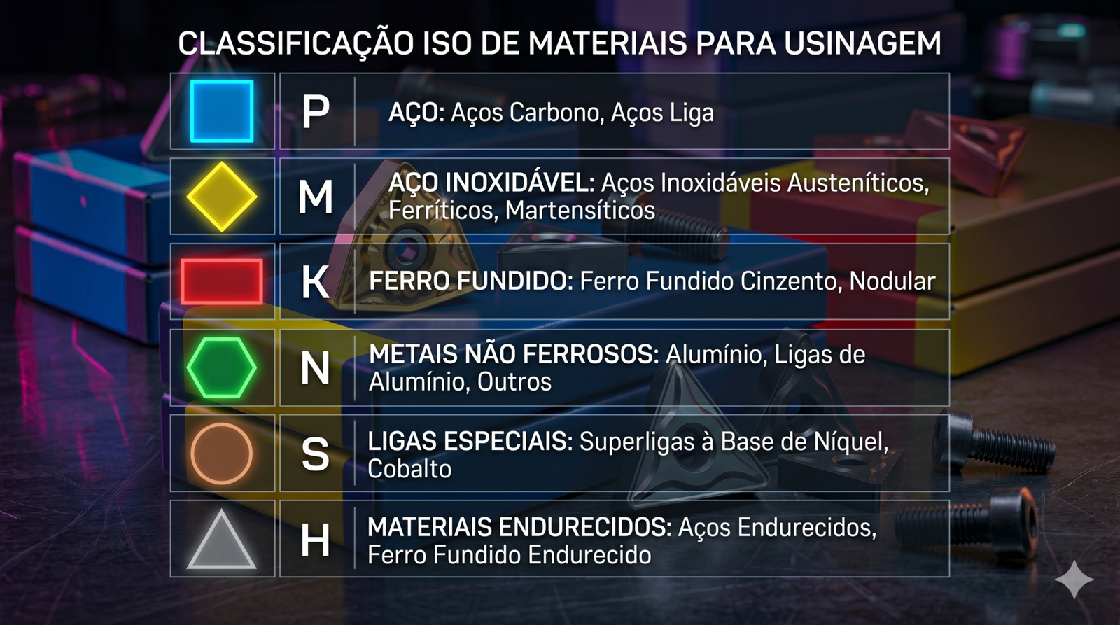 Tabela infográfica listando as classes ISO P, M, K, N, S e H, com suas respectivas cores e tipos de metais usinados.
