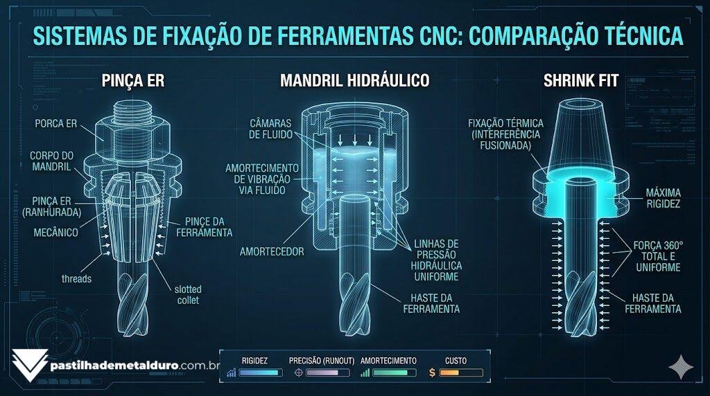 Infográfico técnico de engenharia comparando a construção interna, o nível de vibração e o índice de runout entre a Pinça ER clássica e os mandris hidráulicos e térmicos.