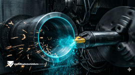 Macrofotografia cinematográfica de uma barra de mandrilar com refrigeração interna usinando o diâmetro interno de uma peça de aço maciço em um torno CNC de alto desempenho.