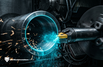 Macrofotografia cinematográfica de uma barra de mandrilar com refrigeração interna usinando o diâmetro interno de uma peça de aço maciço em um torno CNC de alto desempenho.