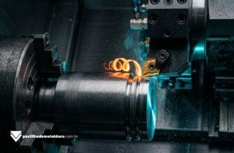 Close-up cinematográfico de uma ferramenta bedame de metal duro instalada em um torno CNC, realizando a operação de corte e sangramento em um cilindro de aço brilhante.
