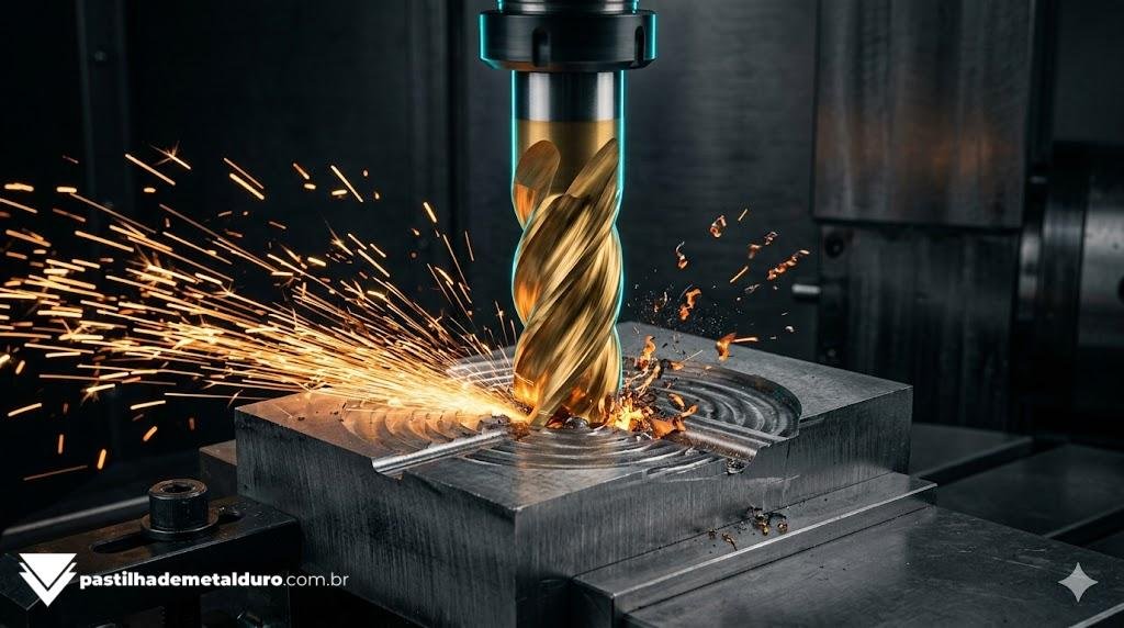 Macrofotografia cinematográfica de uma fresa de topo inteiriça de metal duro com hélice variável (fresa trocoidal) removendo grande volume de material em um bloco de aço maciço sem refrigeração.