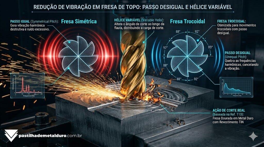 Infográfico técnico demonstrando a diferença física entre a simetria de uma fresa de topo convencional a 90 graus e a assimetria estratégica de uma fresa trocoidal de passo desigual.