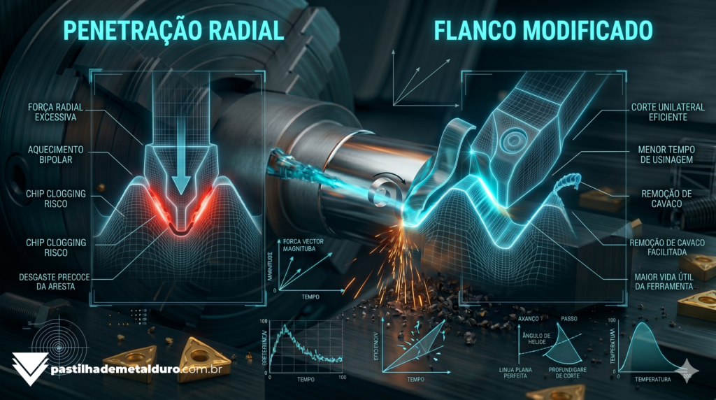 Infográfico técnico de engenharia demonstrando as diferenças mecânicas entre o avanço radial de uma ferramenta de rosca e o avanço pelo flanco modificado a 29 graus.