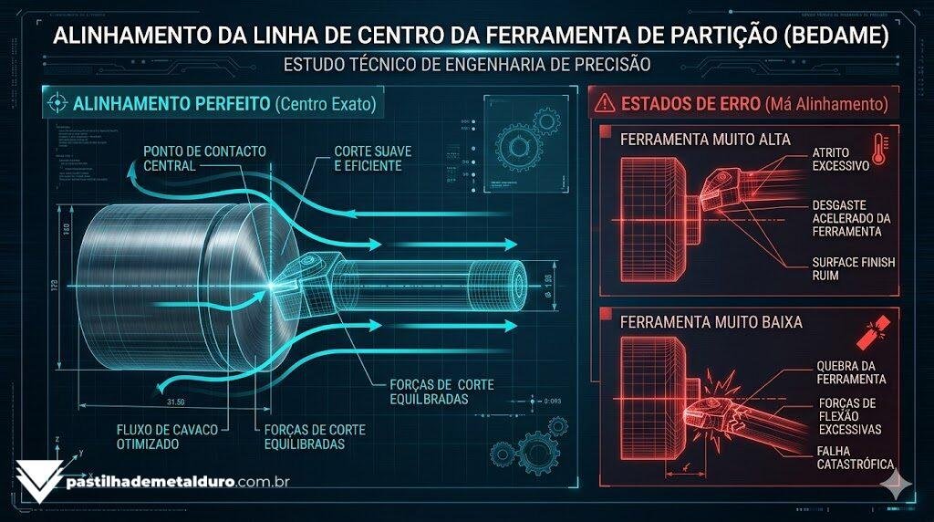 Infográfico técnico de usinagem mostrando o alinhamento correto de centro de um bedame em comparação com os erros destrutivos de posicionamento acima e abaixo do centro do eixo.