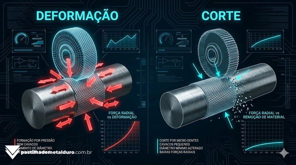 Infográfico técnico demonstrando os vetores de força radial aplicados a um eixo de aço durante o recartilhamento por deformação em comparação com o recartilhamento por corte.