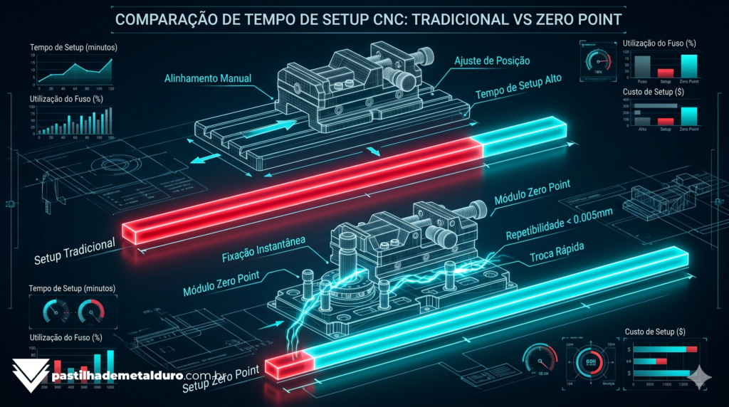 Infográfico de engenharia comparando a porcentagem de tempo de fuso girando em um processo de setup tradicional contra um processo de setup externo utilizando tecnologia Zero Point.