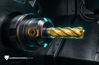 Macrofotografia de um mandril hidráulico industrial de alto padrão segurando uma fresa de topo de metal duro inteiriça pronta para usinar uma peça em um Centro de Usinagem CNC.